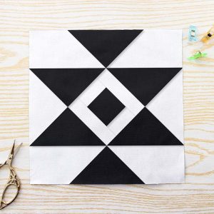 Aztec Hourglass Diamond FPP Quilt Block Pattern PDF - Black and White Geometric Quilt Block with Bold Hourglass Shape and White Framed Diamond Centre