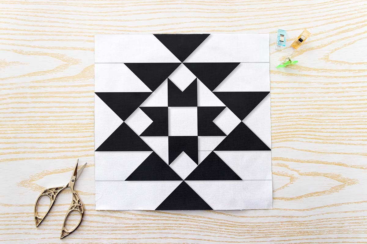Aztec Ohio Star FPP Quilt Block Pattern PDF Black and White Geometric Quilt Block with Classic Ohio Star Centre and Aztec Border