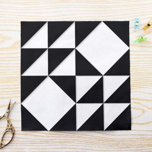 Aztec Pinwheel Diamond FPP Quilt Block Pattern PDF - Black and White Geometric Quilt Block with Bold Rotating Diamond Pinwheel Design