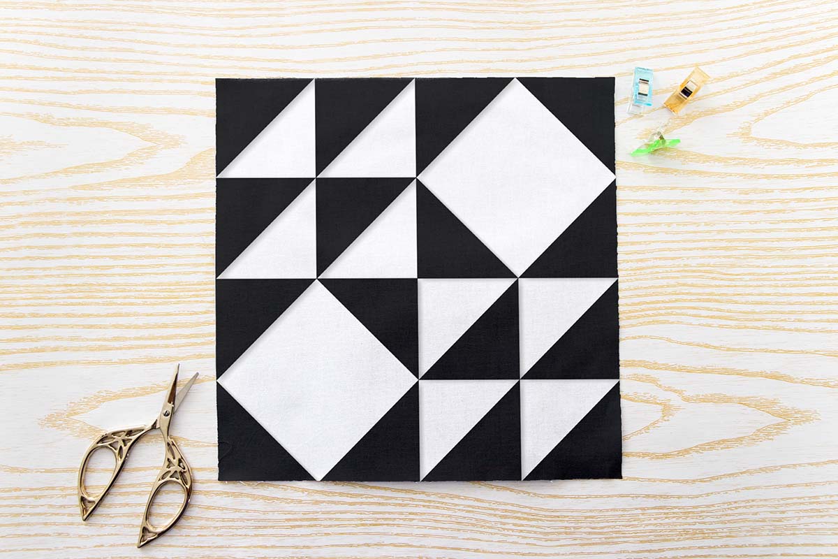 Aztec Pinwheel Diamond FPP Quilt Block Pattern PDF - Black and White Geometric Quilt Block with Bold Rotating Diamond Pinwheel Design