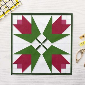 Tulip Table Topper FPP Pattern PDF - Four Red and Green Spring Flower Quilt Blocks with White Sashing and Green Centre Square