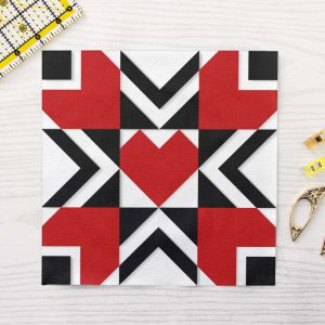 Chevron Heart FPP Quilt Block Pattern PDF - Bold Red and Black Valentine Heart Quilt Block with Arrow Chevron Details
