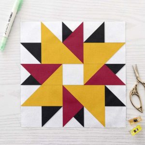 Easy Double Pinwheel Star FPP Quilt Block Pattern - Four Colour Scrap Friendly Spinning Star Quilt Block in Yellow Crimson Black and White