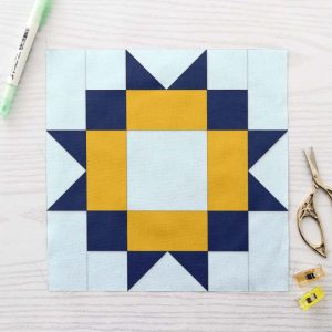 Easy Maple Star FPP Quilt Block Pattern PDF - Navy Blue and Golden Yellow Nine Patch Star Quilt Block with Flying Geese Units