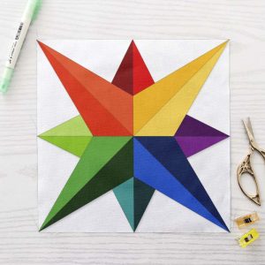 Eight Point Starburst FPP Quilt Block Pattern PDF - Modern Multicolour Eight Point Star Quilt Block with Sharp Dramatic Star Points