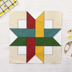 Woven Star FPP Quilt Block Pattern PDF - Four Colour Interlocking Ribbon Star Quilt Block in Red Yellow Teal and Green