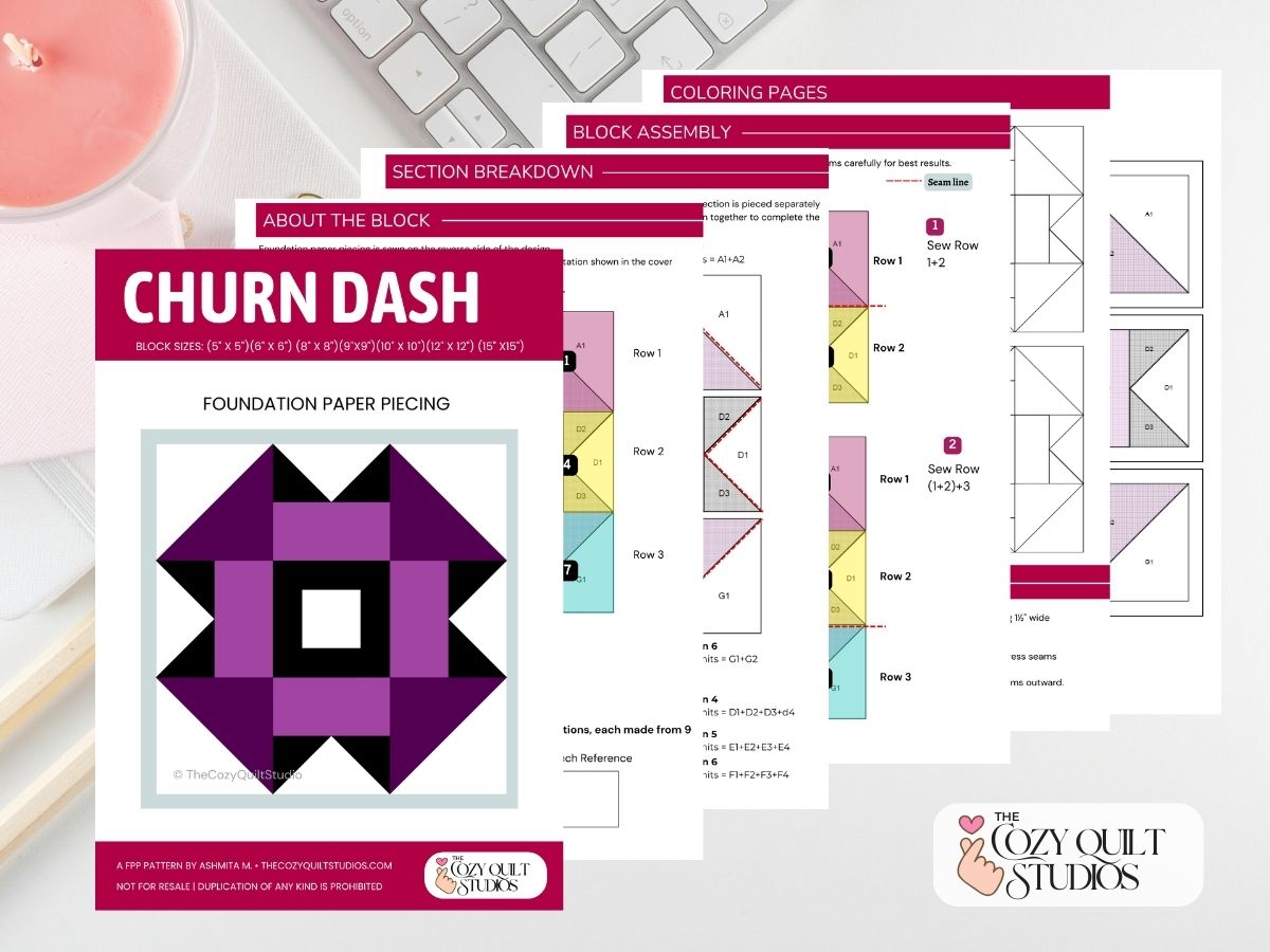 what you'll get in the PDF chrun dash paper piecign quilt block pattern